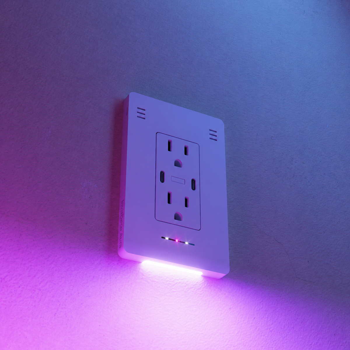 Three-quarter view of the InvisOutlet Aura Tilt installed wall outlet and cover