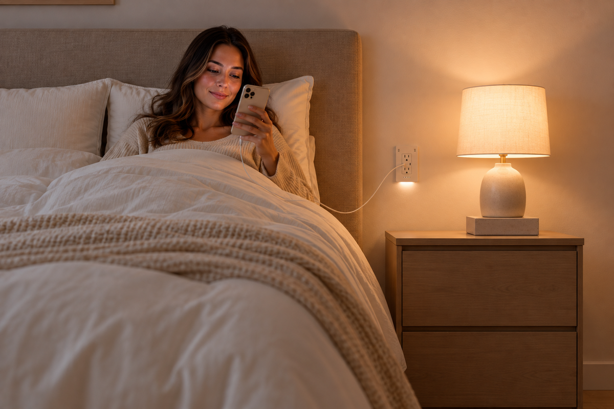 Illustration of a woman charging her phone in bed beside InvisOutlet C Aura with its warm nightlight glowing