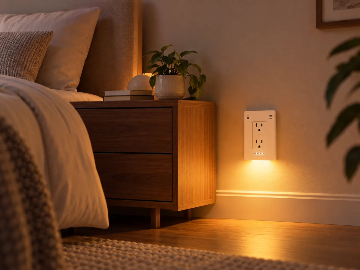 InvisOutlet Aura lighting the same bedroom in warm