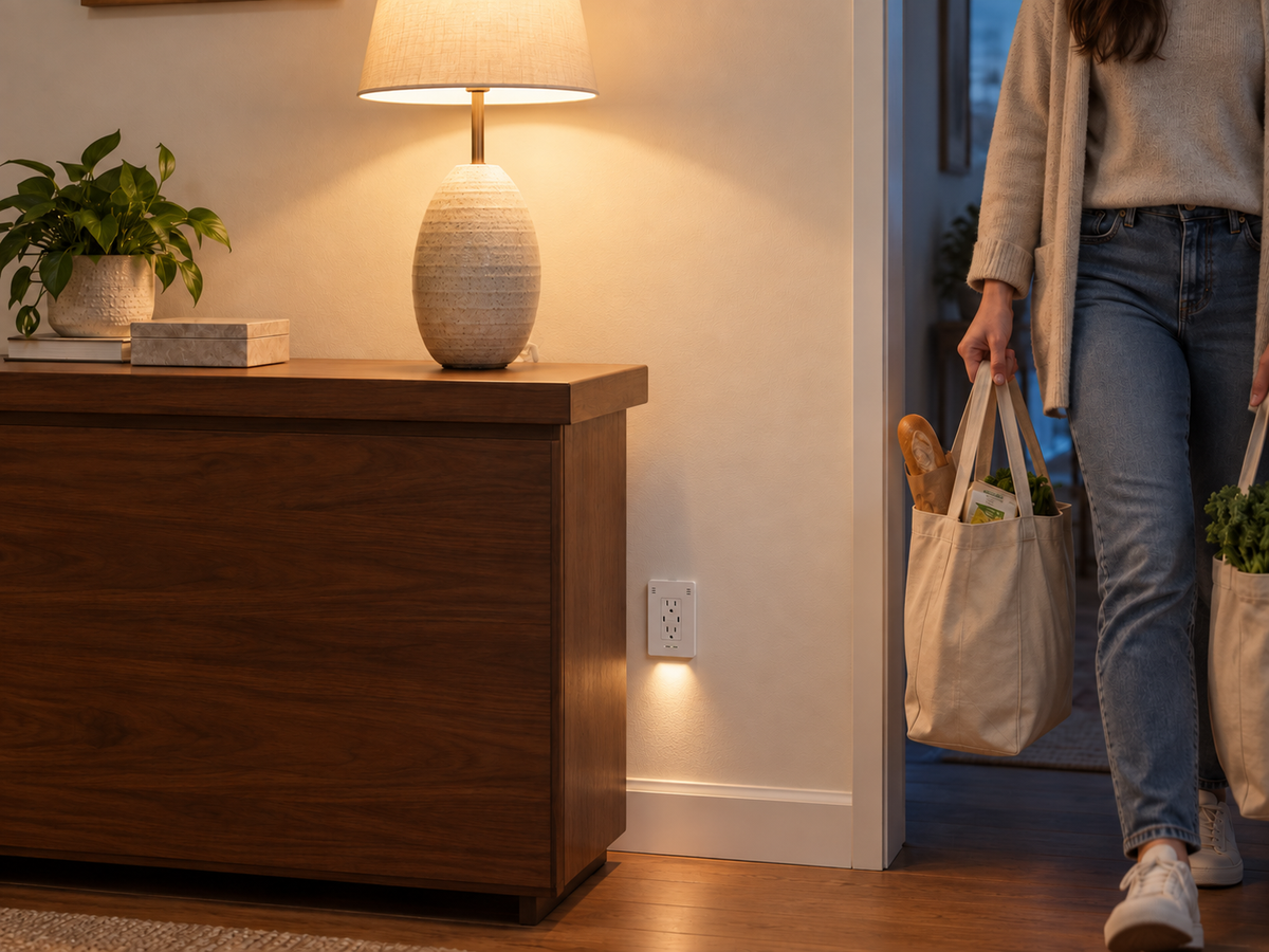 InvisOutlet C Pro welcoming you home beside a lamp and entryway.