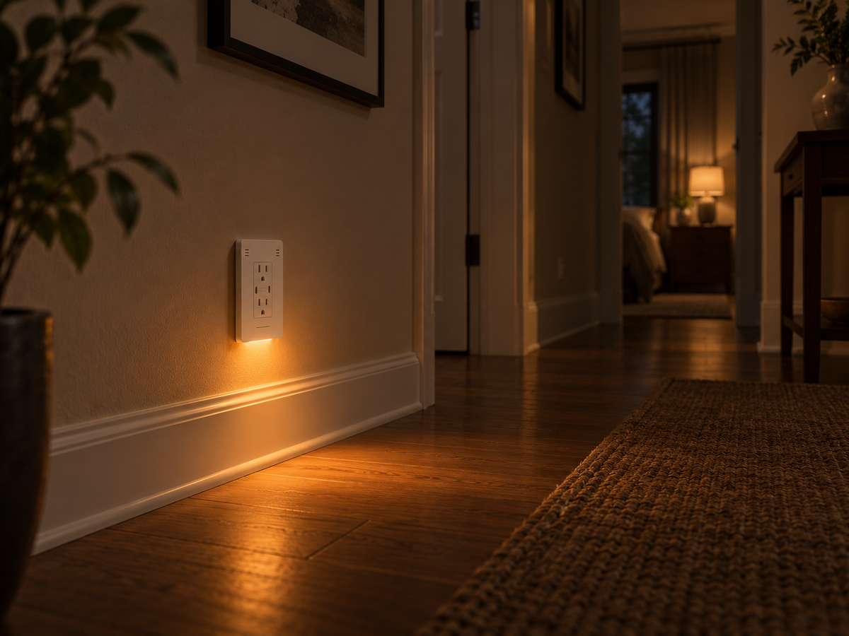 InvisOutlet C Pro casting a warm nightlight across a hallway floor.
