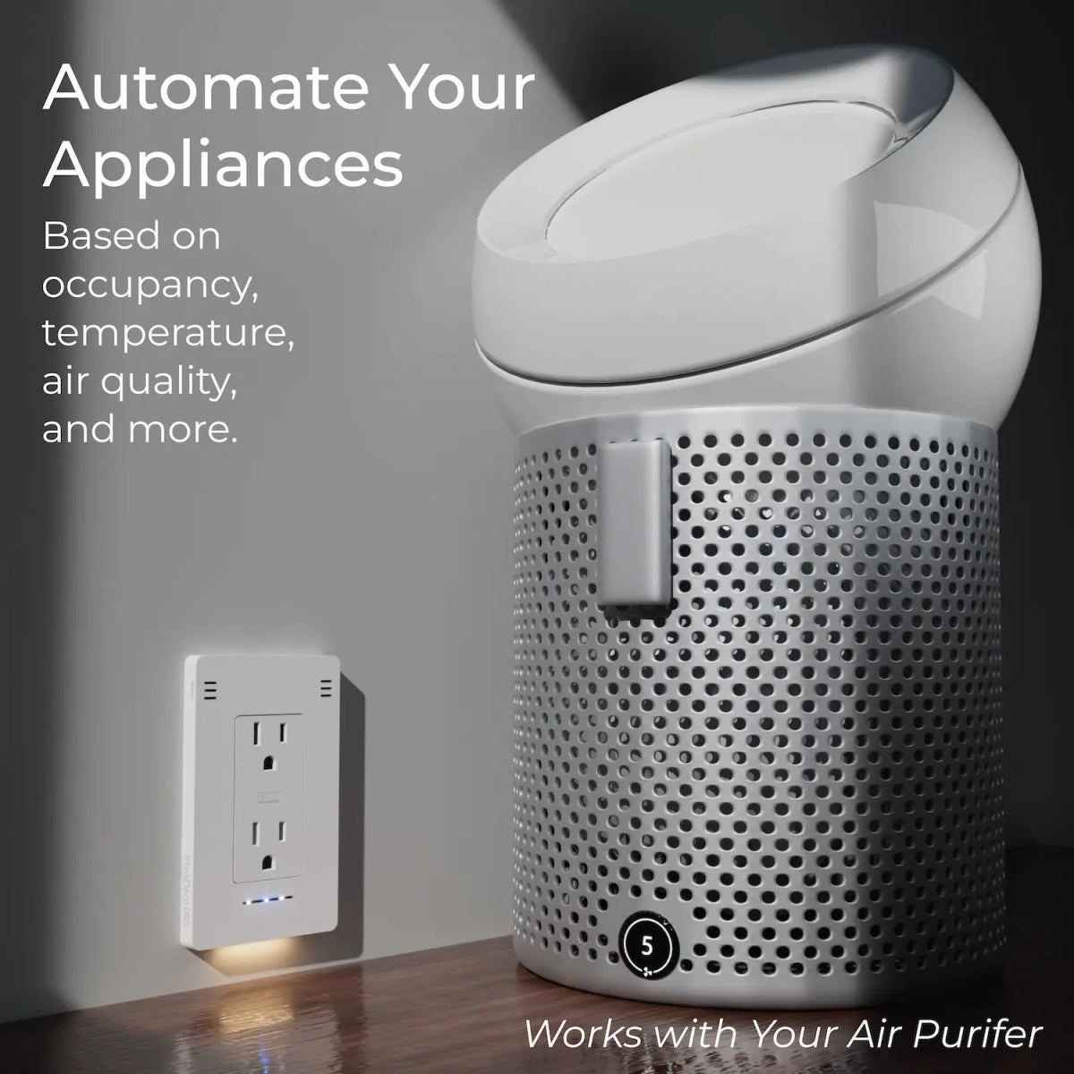 InvisOutlet Pro next to an air purifier with text that describes InvisOutlet&