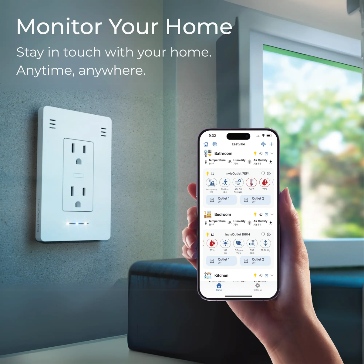 A phone with the InvisHome app on it with an InvisOutlet in the background