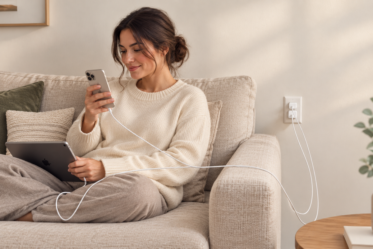 Illustration of a woman on a sofa charging her phone and tablet with two adapters at a conventional outlet