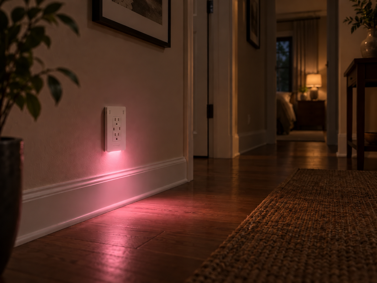 InvisOutlet C Aura casting a soft rose glow onto a hallway floor at night