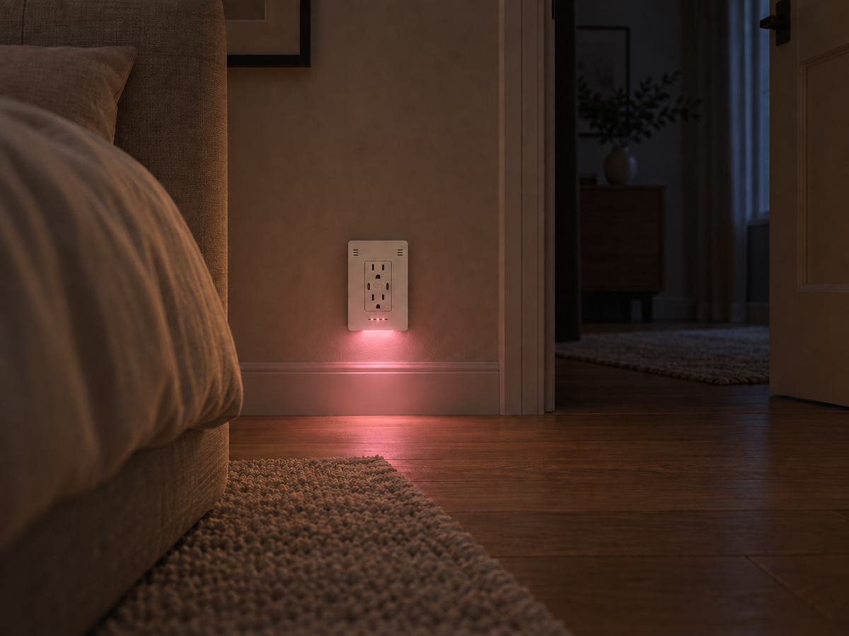 Illustration of InvisOutlet C Aura casting a soft rose light near a bedroom doorway at night