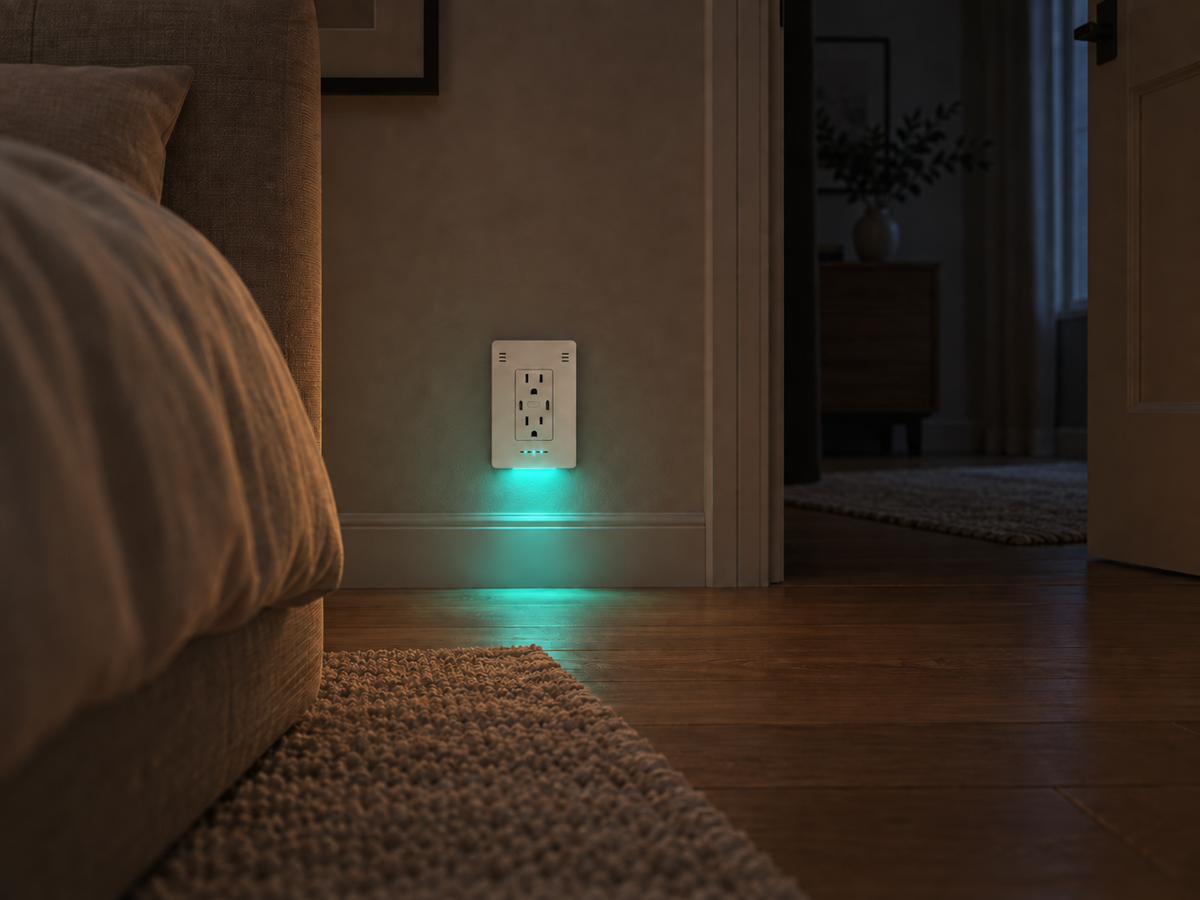Illustration of InvisOutlet C Aura casting a soft teal light near a bedroom doorway at night