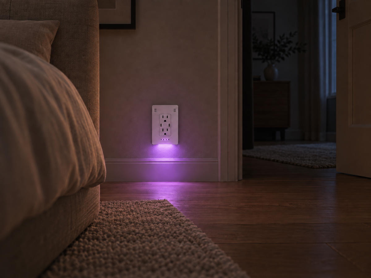 Illustration of InvisOutlet C Aura casting a soft violet light near a bedroom doorway at night