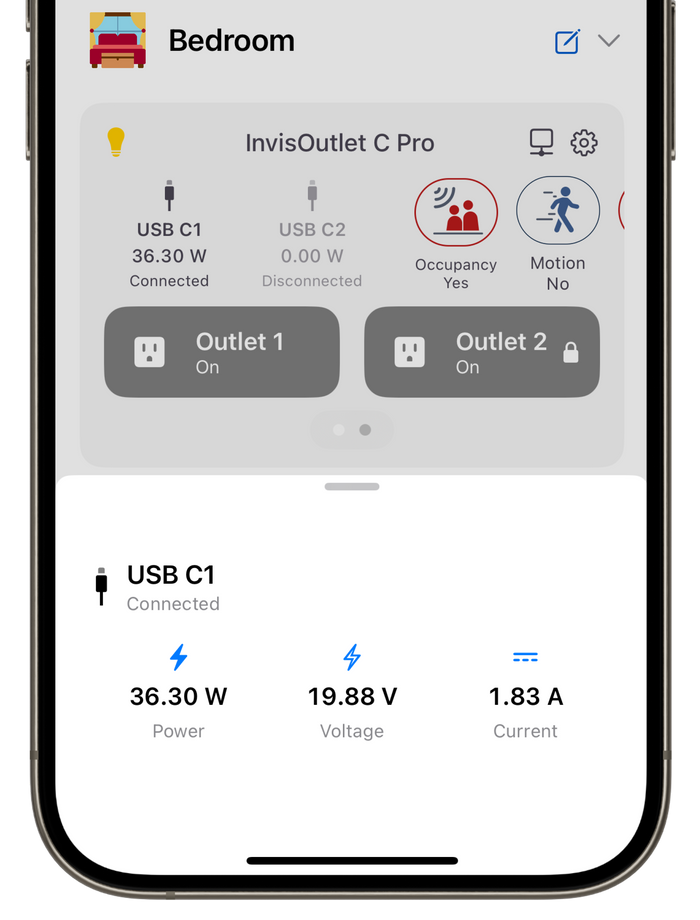 InvisHome showing USB-C power monitoring for InvisOutlet C Pro