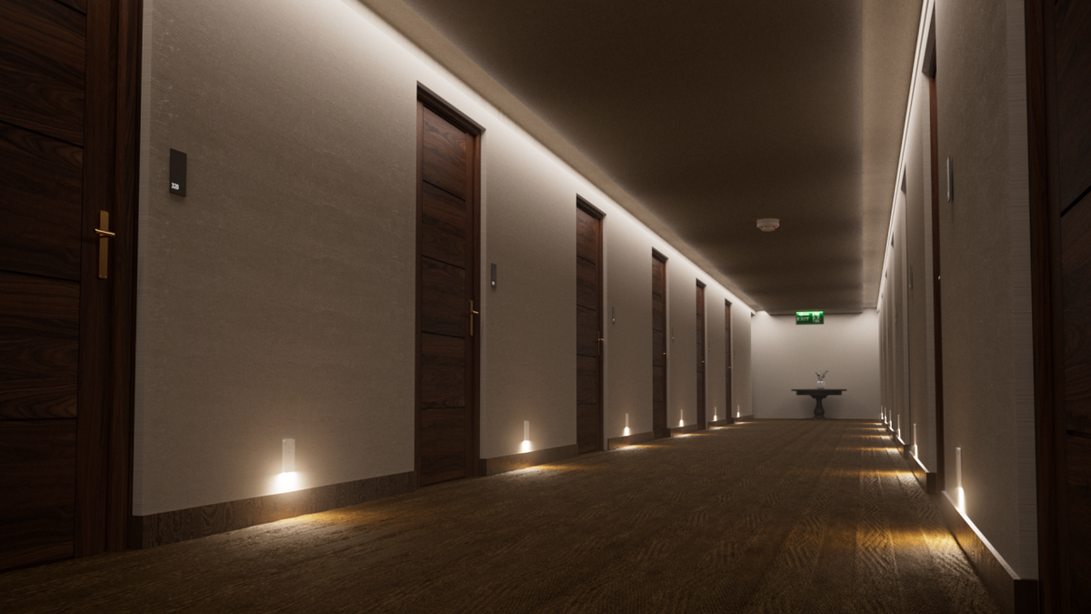Architectural visualization of a hotel corridor with outlet nightlights providing light near the floor.
