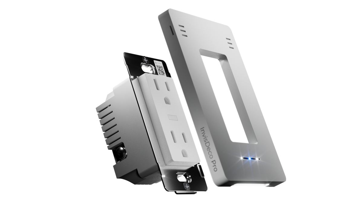 Exploded view of InvisOutlet Pro, with the sensing cover separated from the in-wall smart outlet.