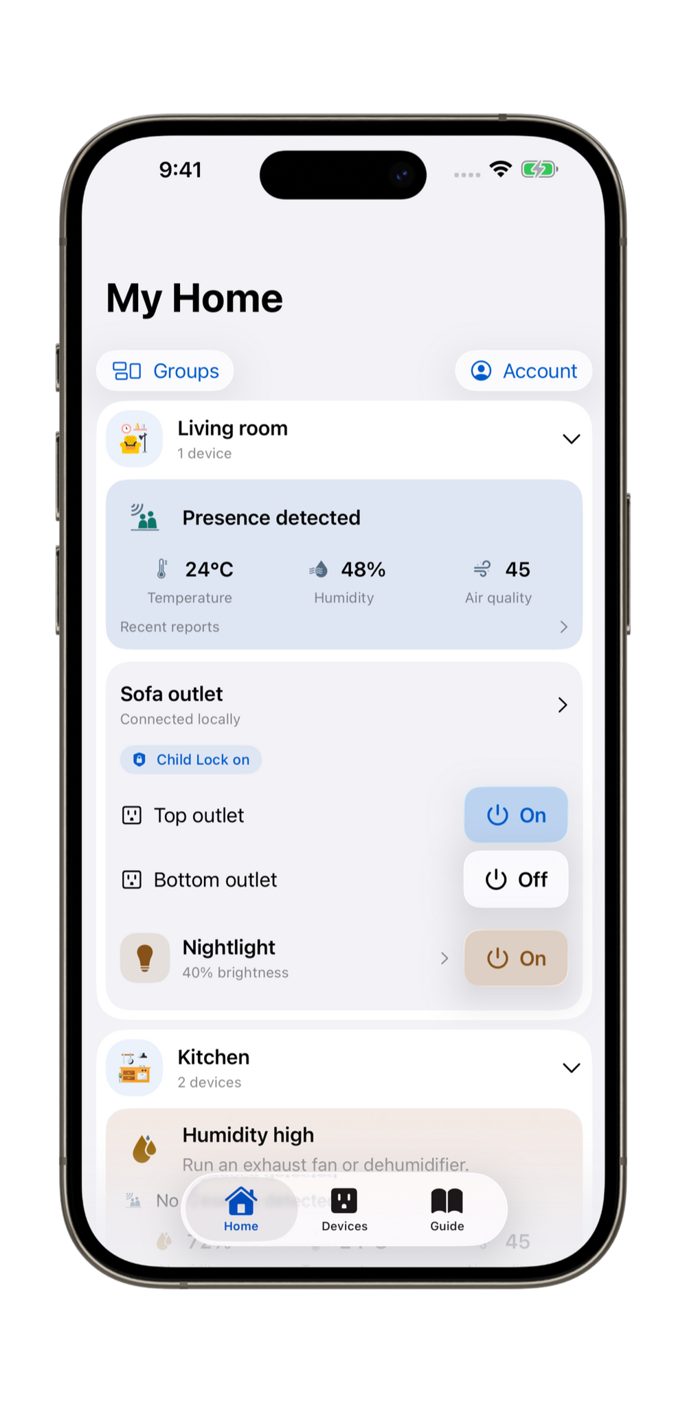 InvisHome Home dashboard showing rooms, sample Pro environment readings, outlet power, nightlight and Child Lock state.