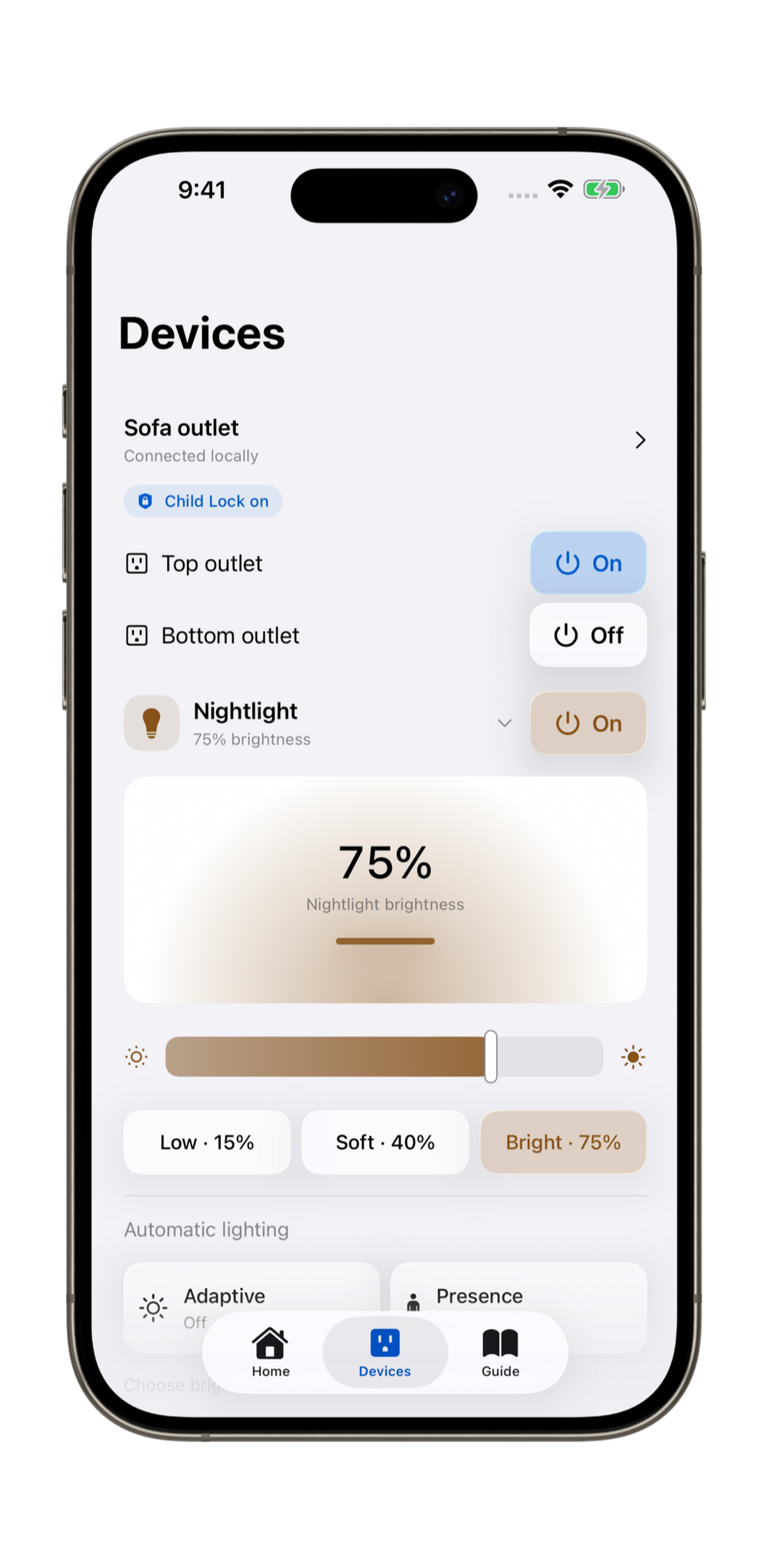 InvisHome Pro nightlight controls showing 75 percent brightness, presets, Adaptive and Presence options.