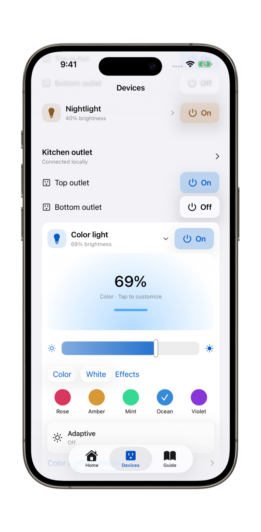 Aura color lighting controls with Ocean selected and brightness at 69 percent.