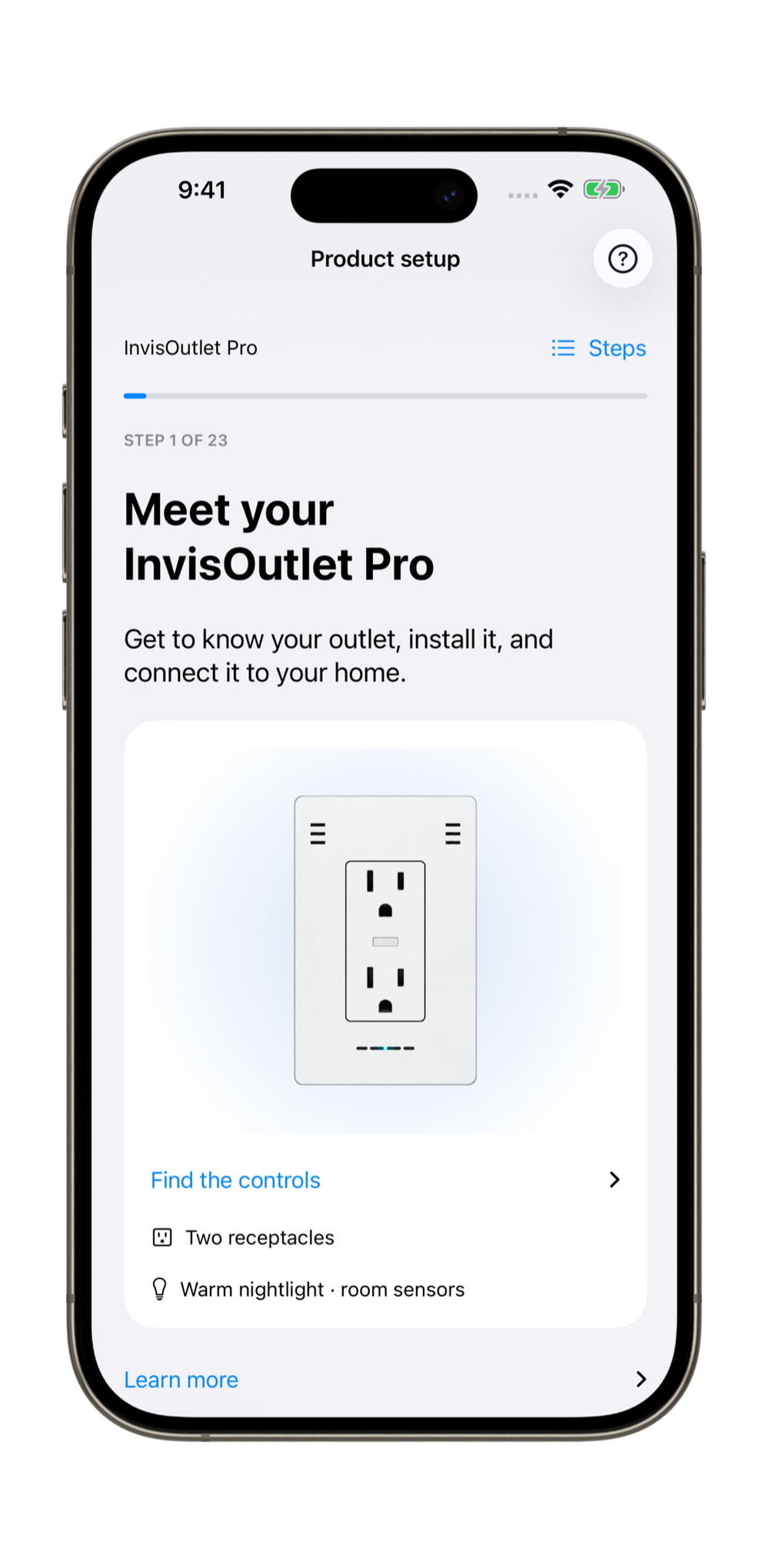 Product setup guide introducing InvisOutlet Pro and its two receptacles, warm nightlight, and room sensors.