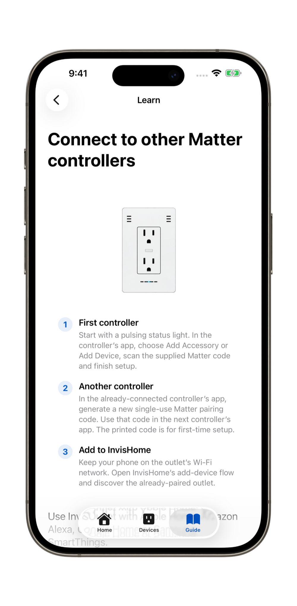 InvisHome guide explaining first-controller pairing, adding another Matter controller, and adding an already-paired outlet to InvisHome.