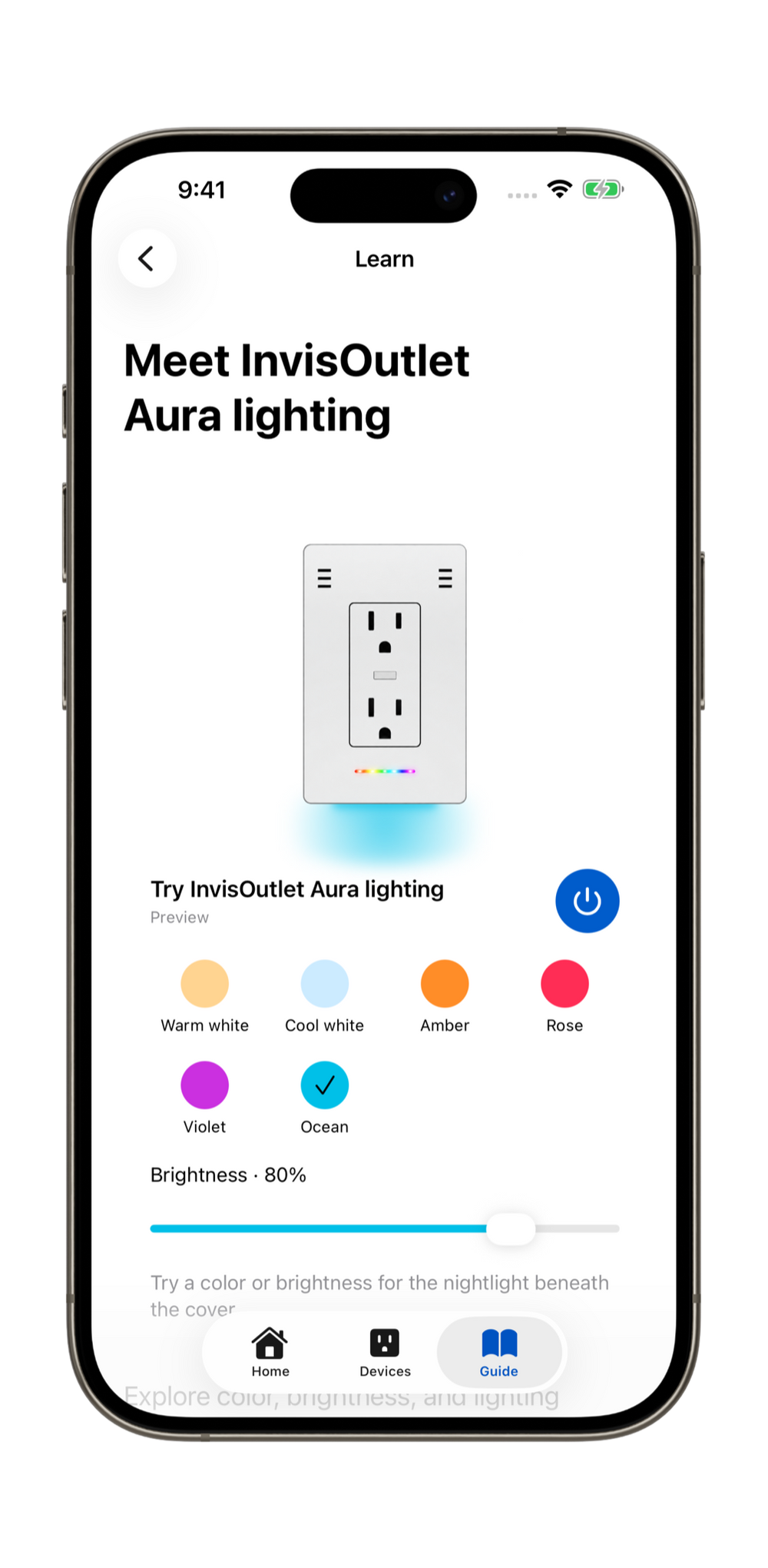 InvisOutlet Aura interactive Guide lesson with Preview label, color choices and brightness control.
