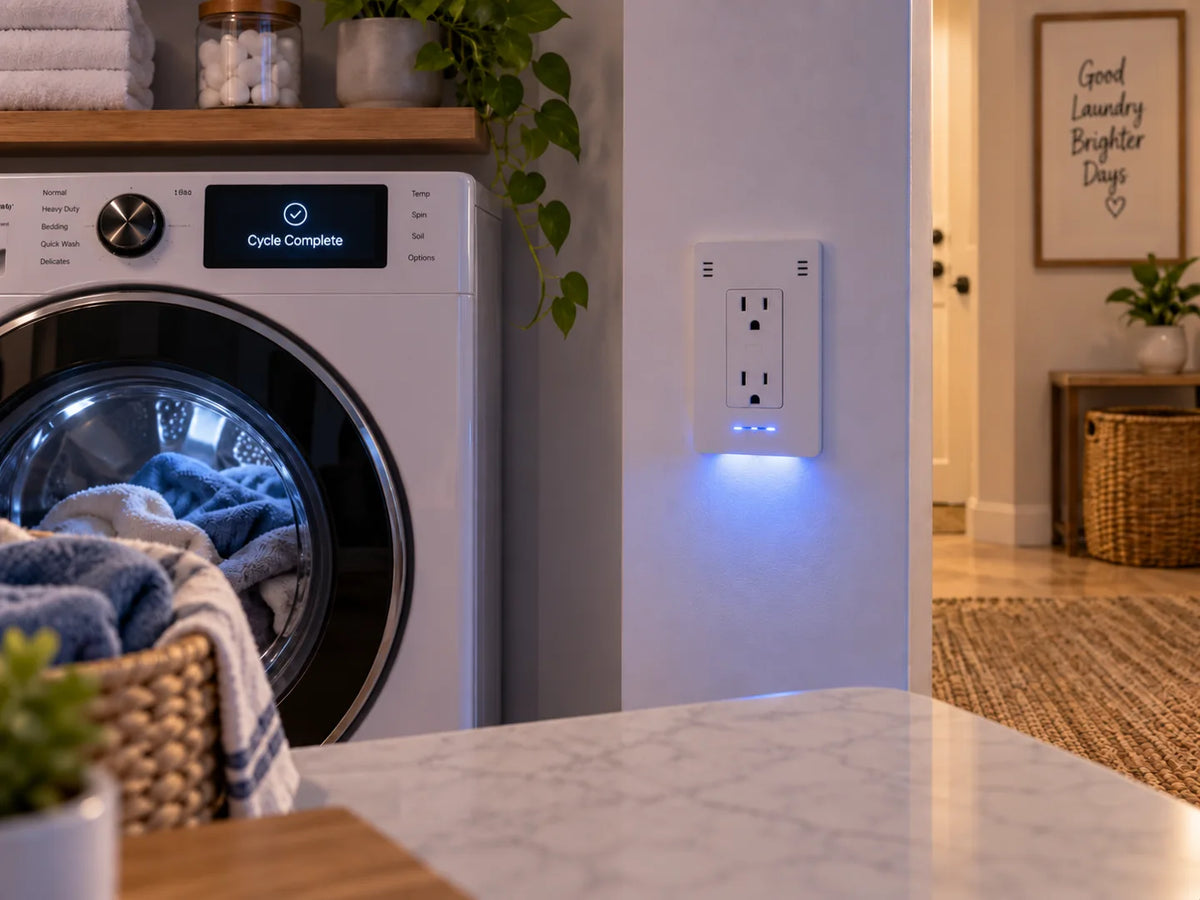 InvisOutlet Aura glows blue beside a washing machine displaying Cycle Complete
