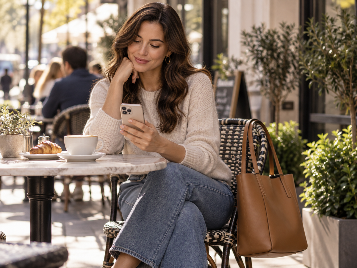 A woman checking her phone at an outdoor cafe.