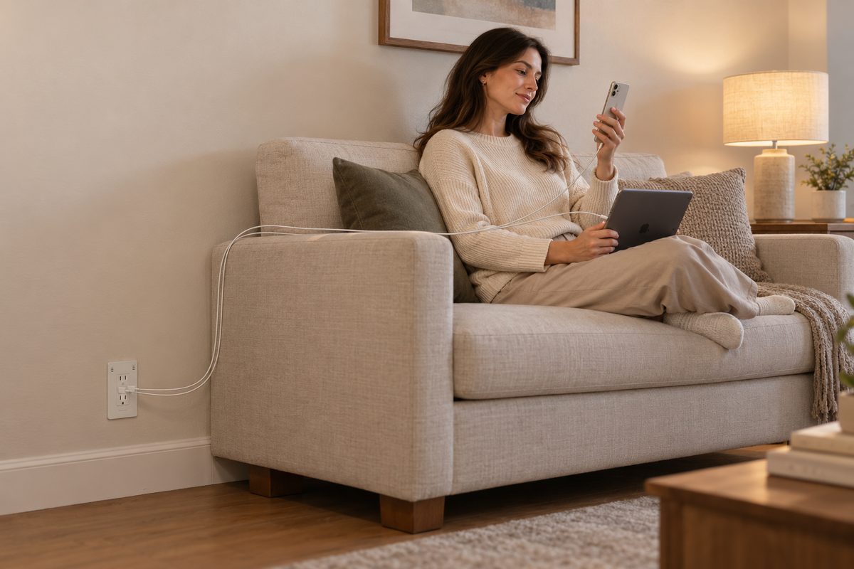 InvisOutlet C Pro charging a phone and tablet beside a living-room sofa.