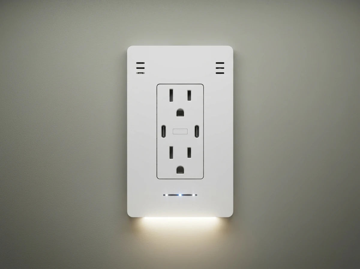 InvisOutlet C Pro with two recessed USB-C ports, AC receptacles and the Pro sensing cover.