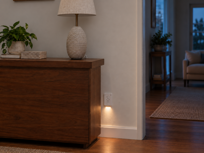 InvisOutlet C Pro beside the same living-room lamp switched off.