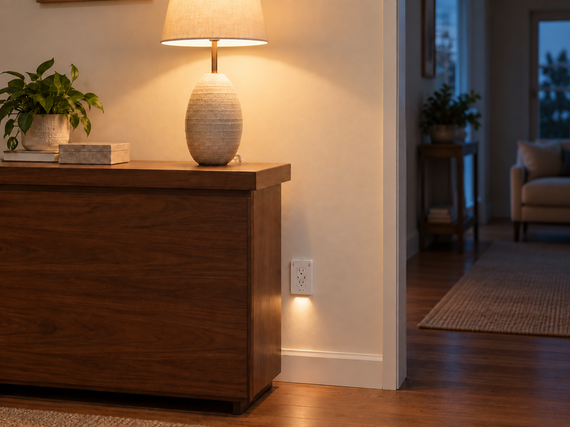 InvisOutlet C Pro beside a living-room lamp that is on.