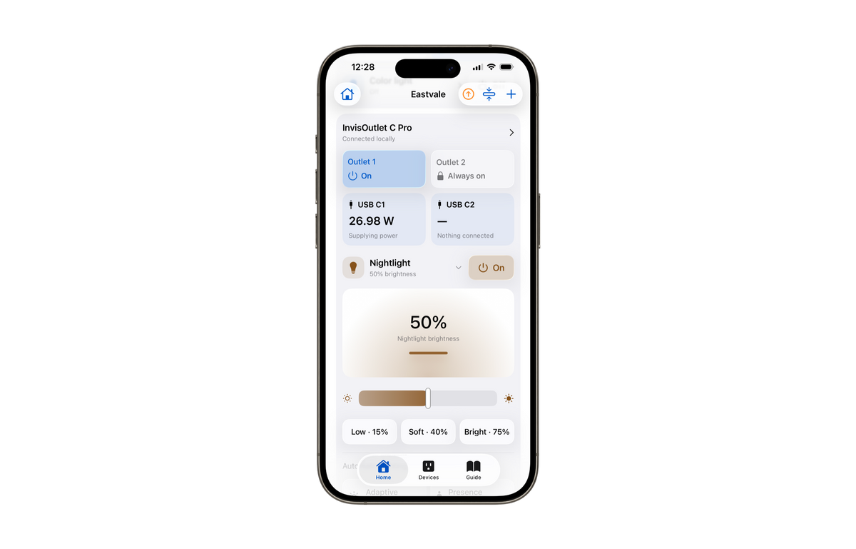 InvisHome on iPhone showing InvisOutlet C Pro outlet status, USB C1 charging power, USB C2 status, and nightlight controls.