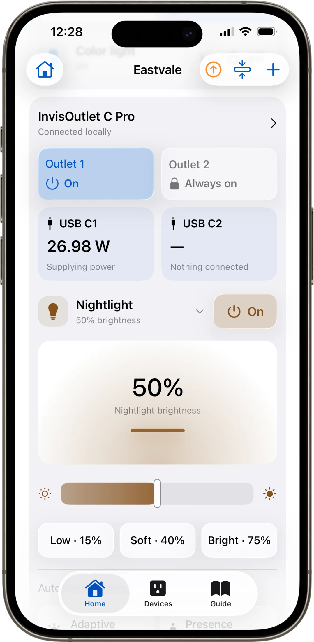 InvisHome on iPhone showing InvisOutlet C Pro USB-C charging readings, outlet control, and nightlight settings.