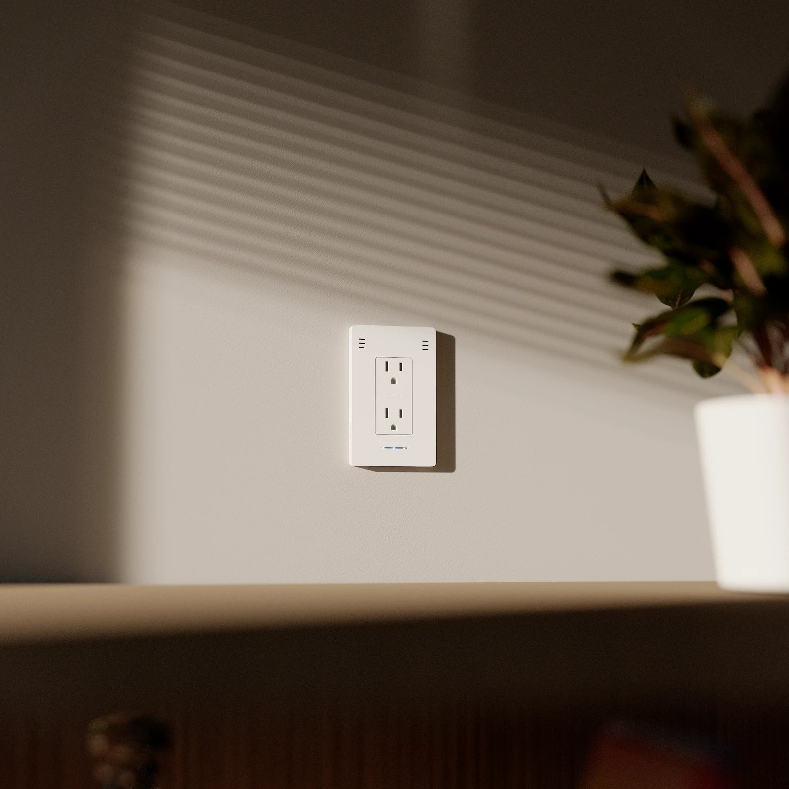 InvisOutlet Pro on a sunlit wall above a wooden console beside a plant