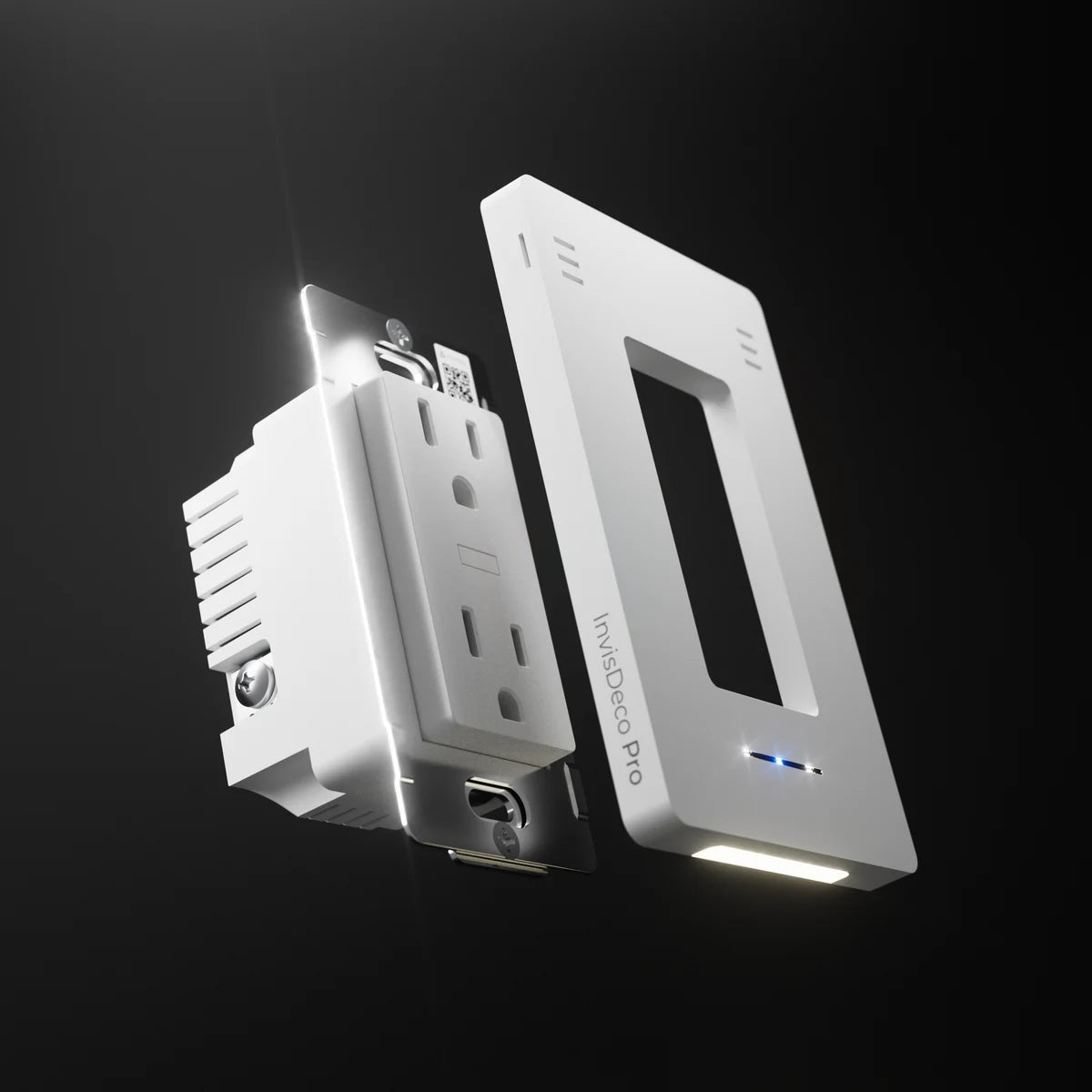 InvisOutlet Pro with its detachable sensor cover separated from the in-wall outlet, showing the downward nightlight