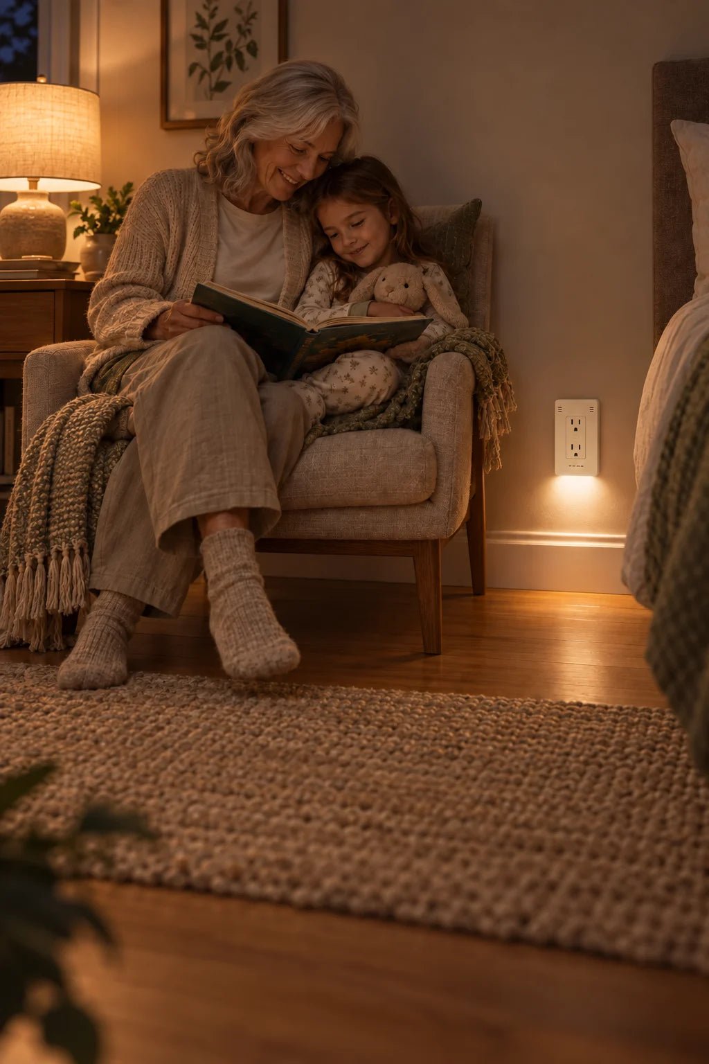 A grandparent and child sharing a bedtime story beside the warm glow of InvisOutlet Pro.