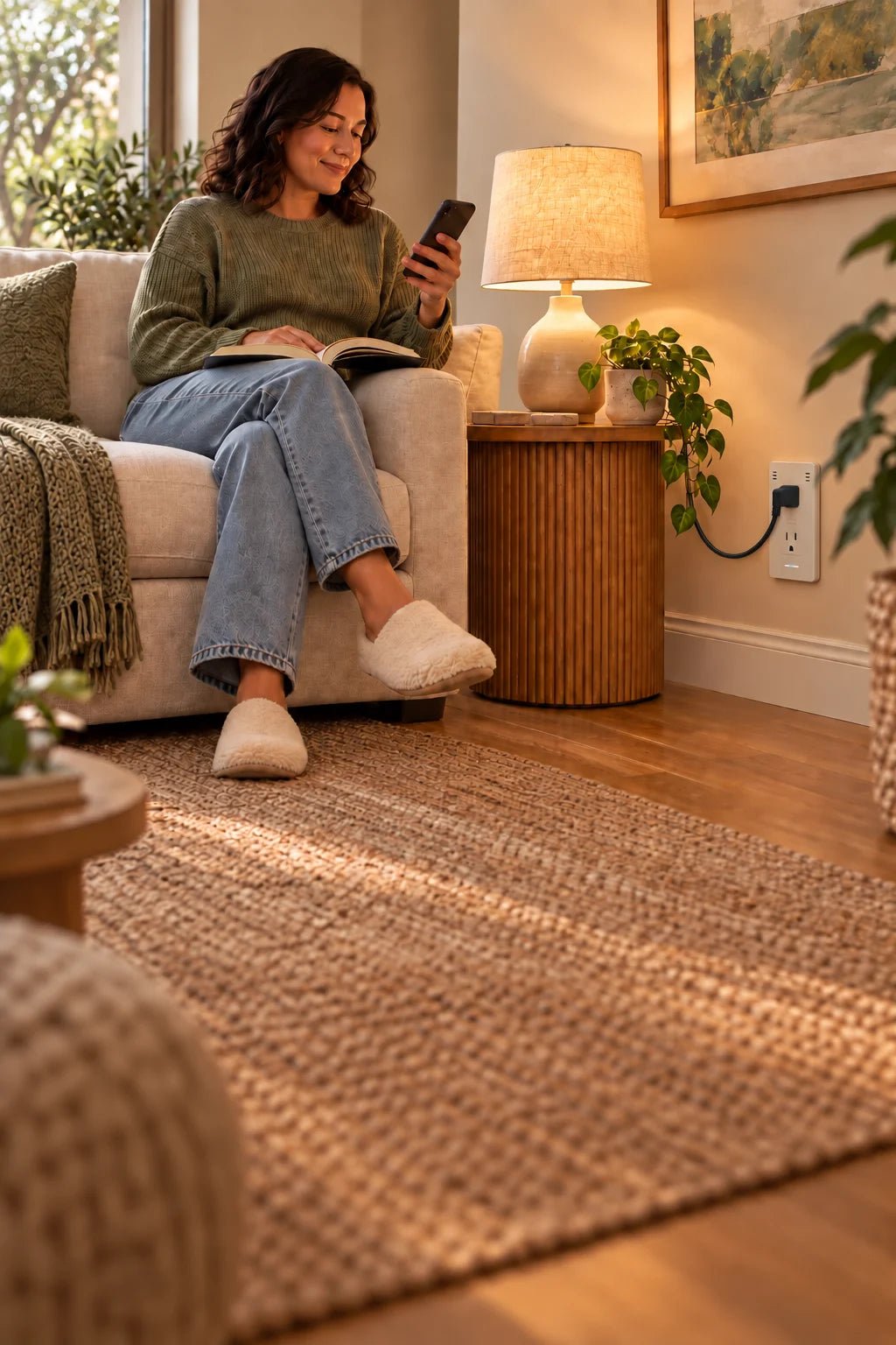 An adult relaxing on a sofa with a book and phone beside a lamp connected to InvisOutlet Pro.