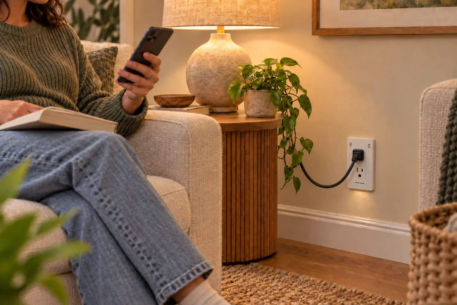Illustrative scene of a seated person using a phone beside a lamp.