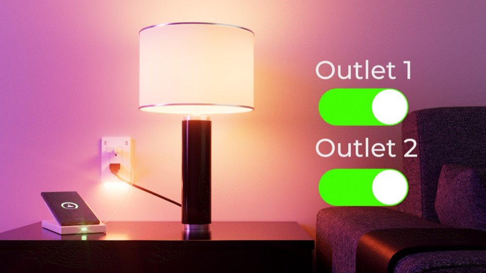 InvisOutlet Aura powering a lamp and phone charger with both outlets on