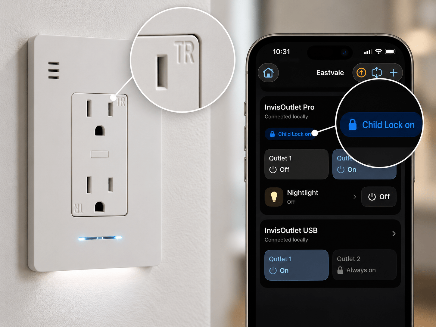 InvisOutlet Pro tamper-resistant receptacle with TR marking beside the InvisHome Child Lock control.