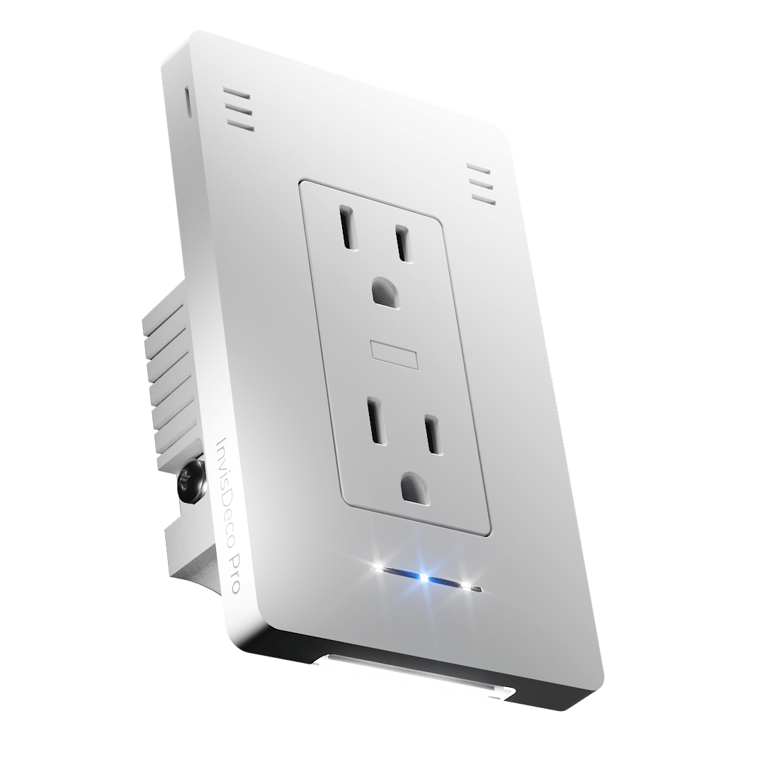 Angled view of InvisOutlet Pro showing the receptacles, cover vents, front air-quality indicator and downward nightlight.