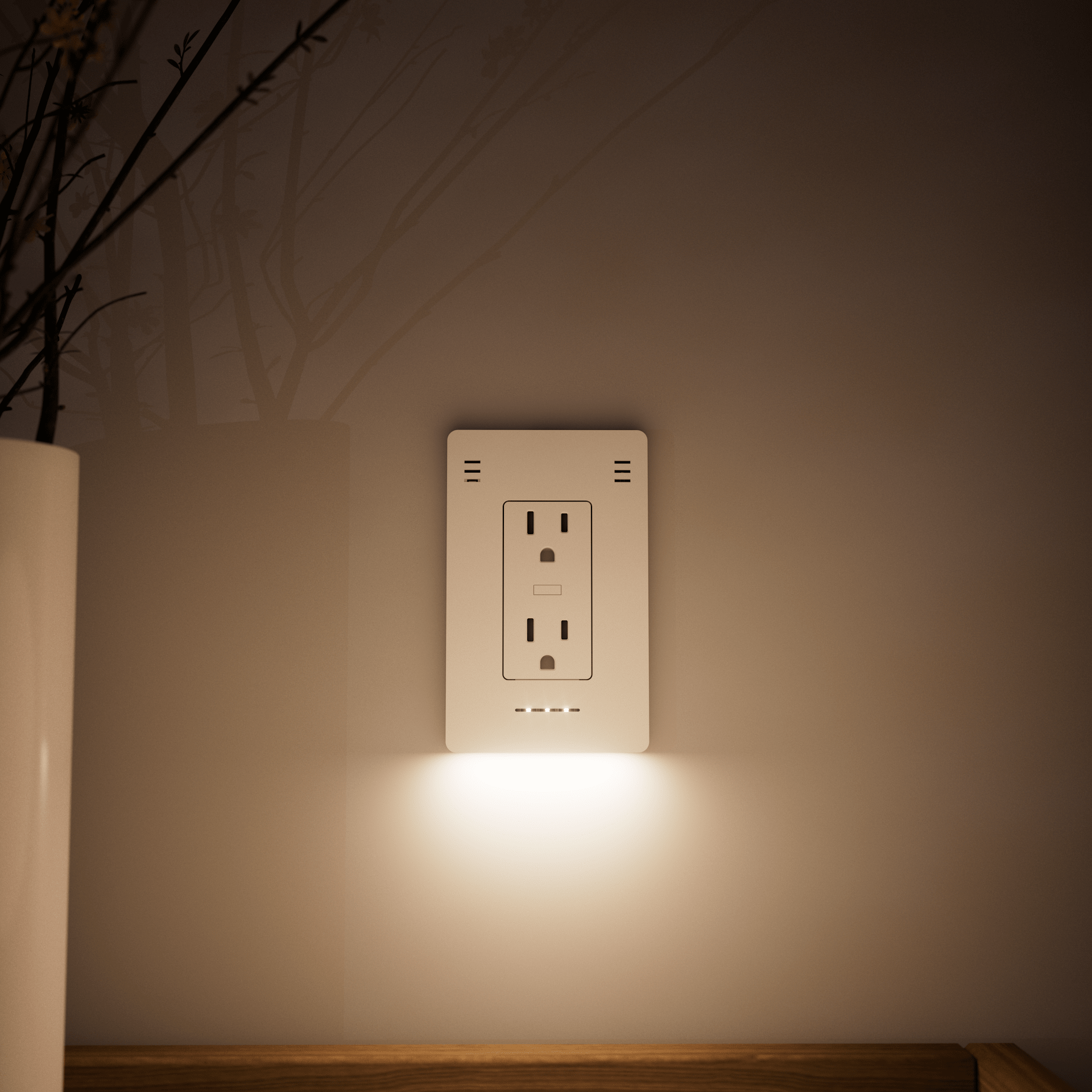 Installed InvisOutlet Pro casting warm light downward on the wall, with a separate front air-quality indicator.