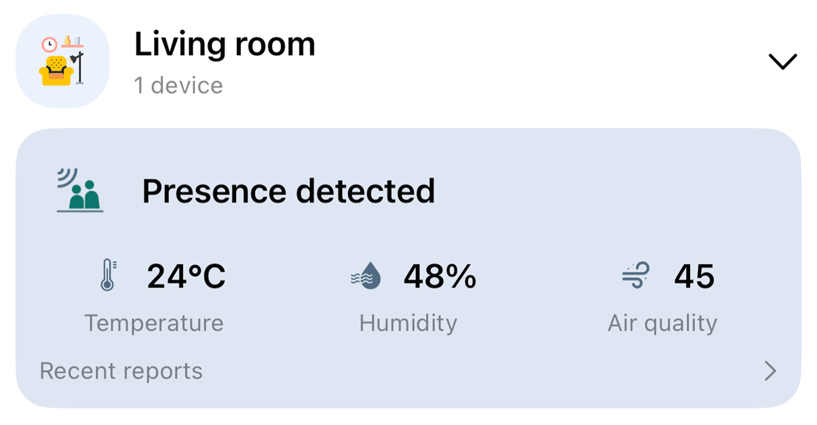 InvisHome living-room card showing presence detected, 24°C, 48% humidity and an air-quality reading of 45.