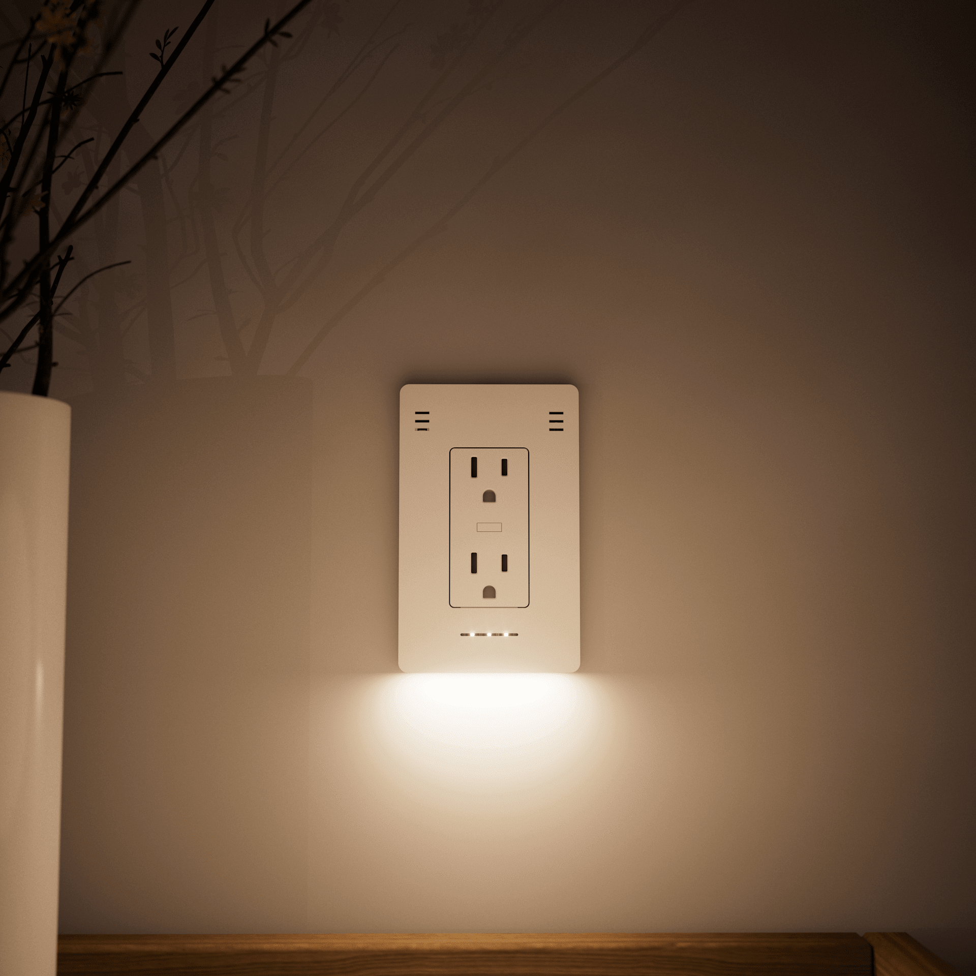 Installed InvisOutlet Pro casting warm light downward on the wall, with a separate front air-quality indicator.