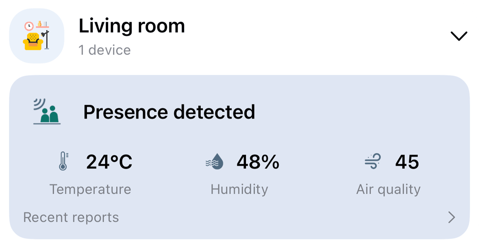 InvisHome living-room card showing presence detected, 24°C, 48% humidity and an air-quality reading of 45.