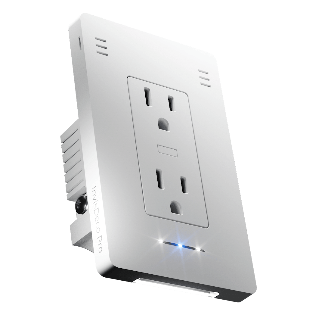 Angled view of InvisOutlet Pro showing the receptacles, cover vents, front air-quality indicator and downward nightlight.